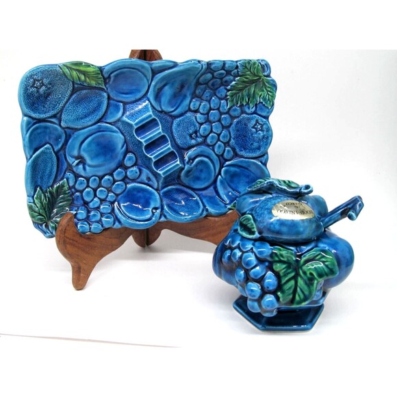 Inarco Mood Indigo Blue Embossed Ashtray And Condiment Jar With Spoon VGC - Picture 1 of 9
